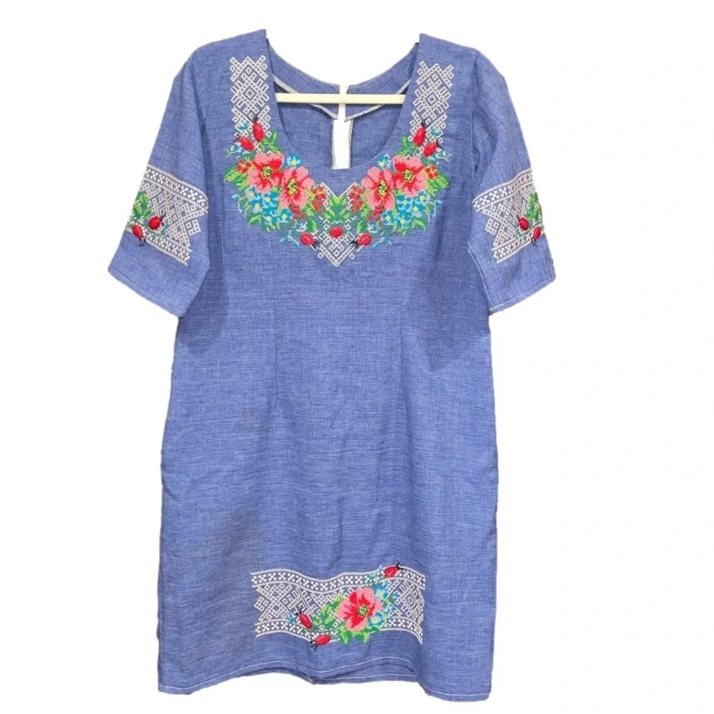 Vintage handmade embroidered short sleeve dress zip back. E5 - Picture 2 of 7